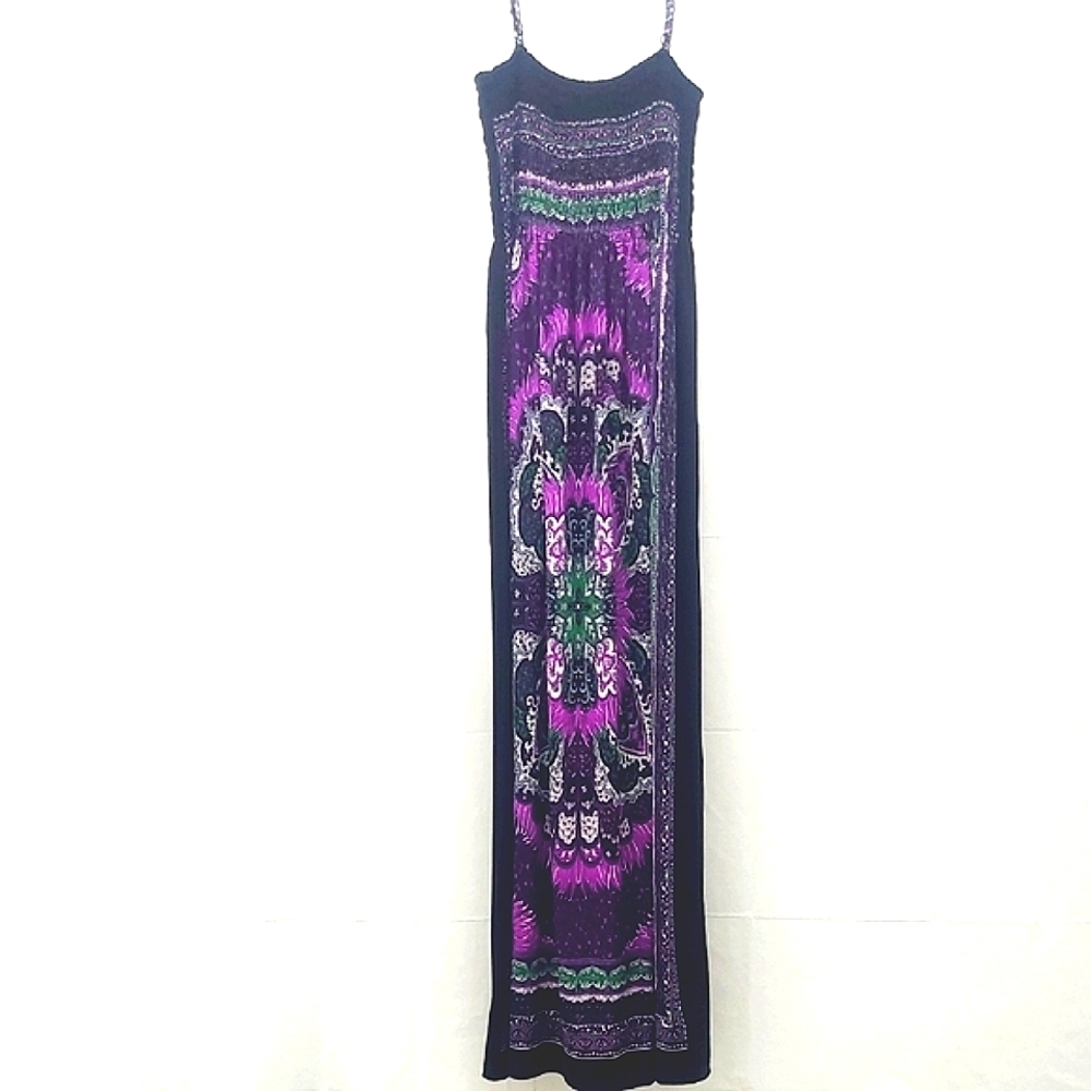 Maxi House Nap Dress Mandela Print Purple Pink Shirred Elastic Stretchy Bodice
